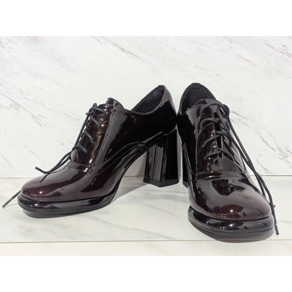 Mai's Women's Burgundy Shiny Patent Leather Chunky Heel Tie Oxford Heels Size 9 - Picture 1 of 8